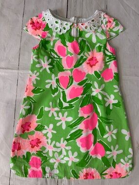 Lilly Pulitzer Girls Floral Eyelet Collar Dress - Pink & Green size 6 girls